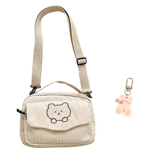 Joizomou Cute Bags Kawaii Purse Wallets Aesthetic Small Corduroy Crossbody Bag with Bear Keychains Kawaii Gift for Women - Image 1