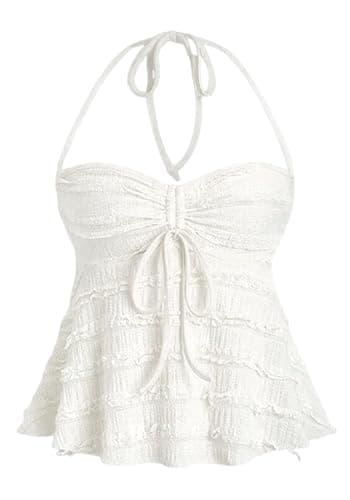 ASKHOPE Women's Ruched Halter Tops Peplum Cami Tops Y2K Drawstring Tie Crop Top for Summer Going Out Dressy Casual - Image 1