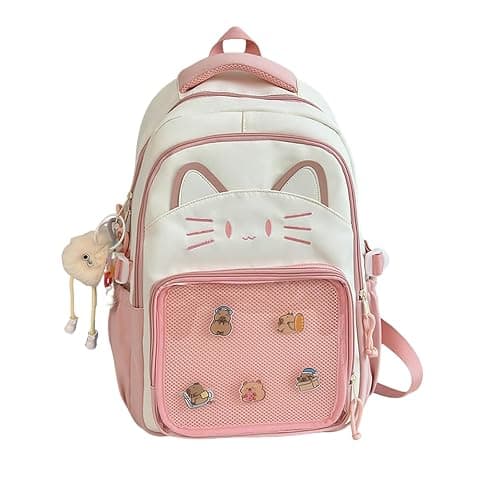 NPLSEO Kawaii Cat Bag Backpack, Women Casual Cat Backpack With Pendants and Badges,Cute Transparent Y2k Style Backpacks with Cat Print for Girls Cute School Bag for Teenage College Primary Secondary - Image 1