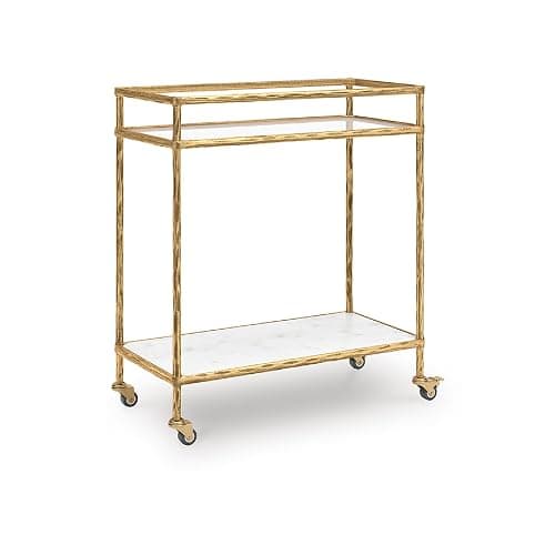 Signature Design by Ashley Plattfield Gold Bar Cart, 28" Antique Brass Serving Cart with Wheels, Genuine White Marble and Glass Shelves for Small Space Home Coffee Station, Light Gold Finish - Image 1