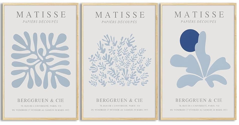 Bwodke Blue Matisse Plant Leaves Canvas Wall Art Print Poster Set of 3 Flower Market Abstract Aesthetic Minimalist Wall Decor Painting Living Room Bedroom Bathroom (Blue, 12x16in Unframed) - Matisse Blue Leaves - 12x16in Posters - Image 1