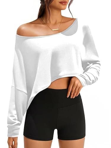 Women’s Off the Shoulder Crop Tops Long Batwing Sleeve Boat Neck Loose Fit Casual Workout Basic Shirts - Image 1