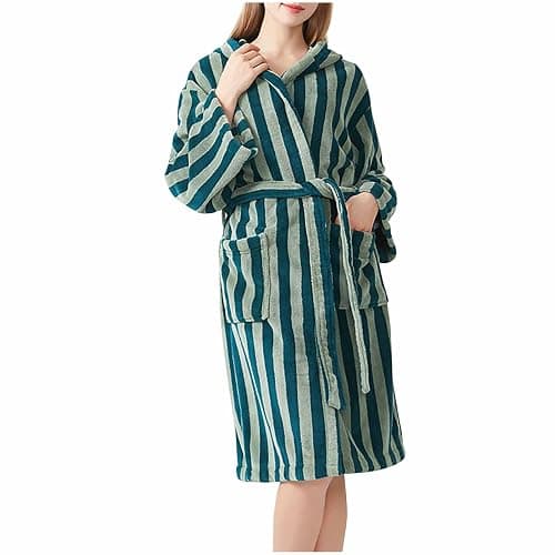 Lmdudan 2025 Trendy Striped Robes for Women Cotton Kimono Towel Terry Cloth Bathrobe Knee High Length Nightgown Loungewear - Image 1