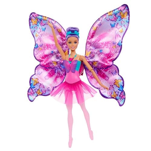 Barbie Dance and Flutter Doll with 2-in-1 Transformation from Dancer to Butterfly with Opening Wings, Purple Hair, Headpiece & Removable Tutu | Transforms from dancer to butterfly with opening wings, purple hair, floral headpiece & removable tutu. - Image 1