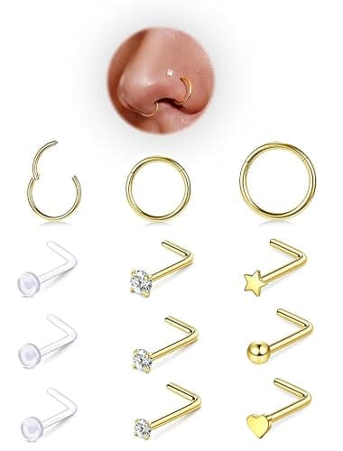 12PCS Hypoallergenic 14K Gold Plated 18G Nose Rings Studs Set for Women Men:3Pcs nose rings & 6Pcs L Shaped Nose Studs & 3Pcs Clear Nose Studs Gold/Silver 316L Surgical Stainless Steel Nose Piercing Jewelry - Image 1