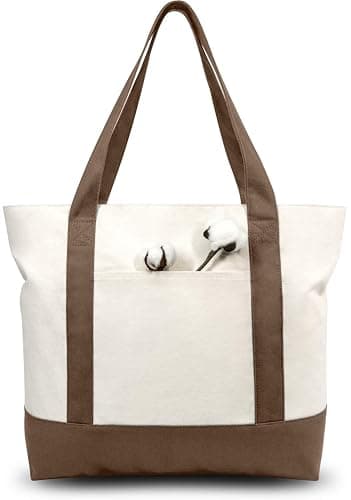 TOPDesign 1-Pack Canvas Tote Bag with an External Pocket, Reusable Grocery Shopping Bag, Top Zipper Closure, Daily Essentials (Brown/Natural) - Image 1