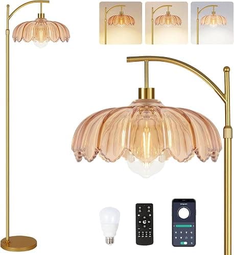 ILLMTW Gold Floor Lamp for Living Room,Bedroom,Mid Century Modern Standing Lamp with Remote,Dimmable Brass Tall Lamp Amber Glass Vintage Retro Arc Floor Lamps Flower Floor Light Boho Bohemian - Image 1