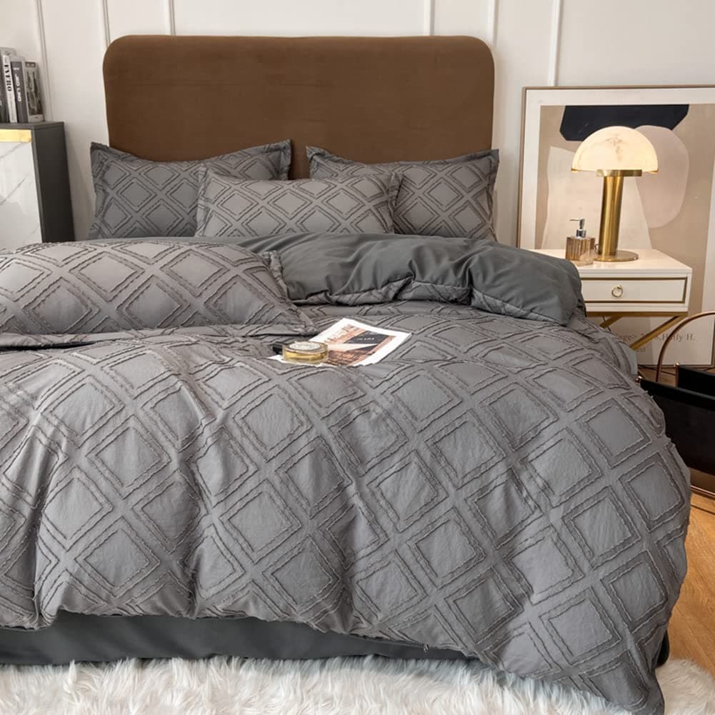 MorroMorn 5 PCS Boho Bedding Sets, Textured Duvet Cover Set, Tufted Comforter Covers, Diamond Jacquard Soft Breathable Neutral for Men Women Bed All Seasons (Grey, King/California King) - Image 1