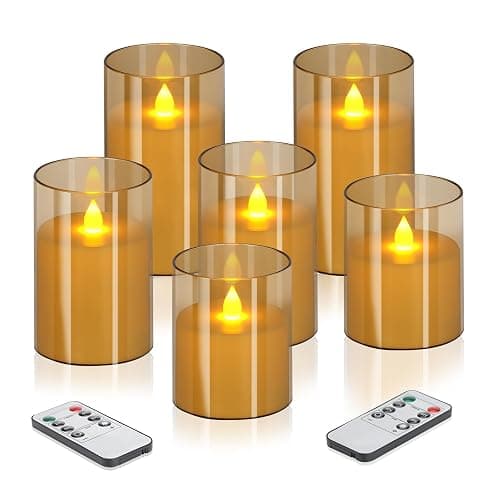 wemarry Flameless Candles 4" 5" 6" Acrylic Glass Pillars 3" Diameter Battery Operated Flickering Candles Include 8-Key Remote with Timer Function 400+ Hours (Amber, Warm Light 6 Pack) - Image 1