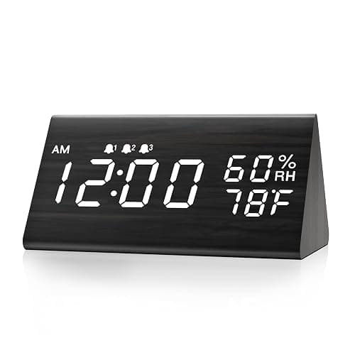 Digital Alarm Clock, with Wooden Electronic LED Time Display, 3 Alarm Settings, Humidity & Temperature Detect, Wood Made Electric Clocks for Bedroom, Bedside (Black) - Image 1