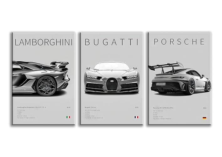 CSLGQGV Car Poster Vintage Racing Car Wall Art Supercar Canvas Prints Painting For Men Room Pictures Guys Dorm Room Aesthetics Decor Bedroom Office (black and white car frame, 12x16in) - Image 1