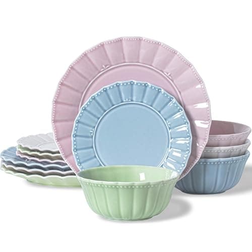 HOMBENE Dinnerware set, Kitchen Plates and Bowls Sets for 4, Porcelain dish set for party, House gift, Microwavable safe, Mixed Colors - Image 1