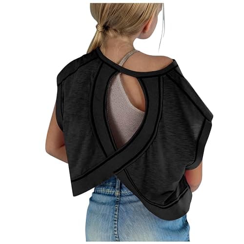 Summer Tops for Kids Girls Motion Fashionable Cute Round Neck Short Sleeve Shirts Sports Casual Backless Tees - Image 1