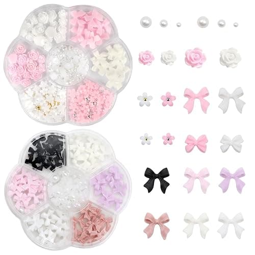 VEGCOO Nail Art Dekoration, 3 Teile Nail Charms 3D Rosa Weiße Schleife Blume Nagelsticker Blumen Gepaart Mit Perlen Nagel Steine Zum Heimwerken Charms Nägel Lifting Nail Art Charms - Image 1