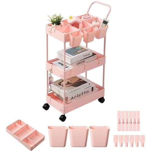 danpinera 3-Tier storage trolley, storage trolley on wheels, beauty trolley with Dividers & Hooks & Hanging Cups, kitchen trolley, storage cart for Kitchen, Make-Up, Bathroom, Office, Pink - Image 1