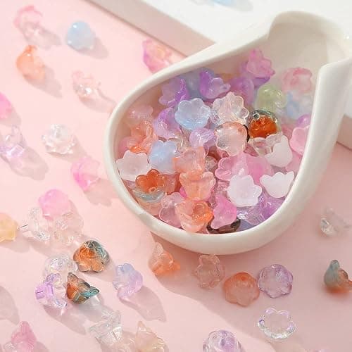 LadayPoa 100pcs Glass Bellflower Beads for Jewelry Making Mixed Color Trumpet Flower Beads Gradient Clear Cute Beads for Bracelets Making Aesthetic Beads Charms for DIY Necklace Decoration Gifts - Image 1