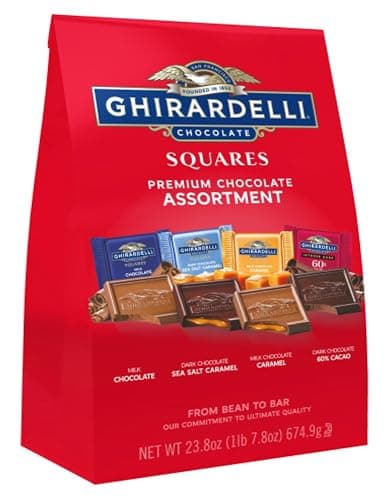 GHIRARDELLI Premium Chocolate Assortment - Milk, Dark, Sea Salt, Caramel and 60% Cacao Squares, 23.8 oz Bag - Image 1