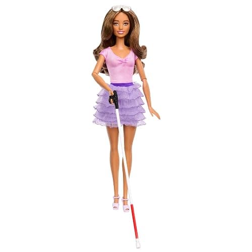 Barbie Fashionistas Doll #228, Blind Doll Wearing Pink Top and Ruffled Skirt with Cane and Sunglasses in Partnership with The American Foundation for The Blind - Image 1