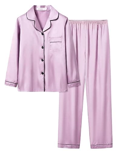 UNICABBIT21 Satin Pajamas for Big Girls Unisex Kids Silk Button Down Long Sleeve & Pants PJS 2PCS Size 8-16 - 16 - Lilac - Image 1