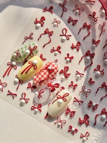 Red Bow Pearls Nail Stickers 5D Embossed – Premium Salon-Quality Nail Charm Accessories, Easy Application & Self-Adhesive Pearled Bows Decal for DIY Manicure, Nail Art, Press on, Home or Salon Use - Image 1