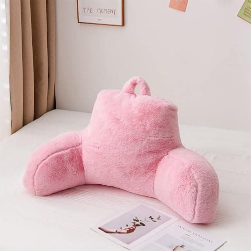 A Nice Night Faux Fur Reading Pillow Bed Wedge Large Adult Children Backrest with Arms Back Support for Sitting Up in Bed/Couch for Bedrest,BabyPink - Image 1