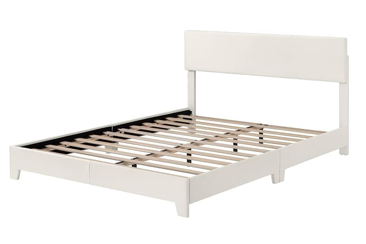 Allewie Full Size Bed Frame with Adjustable Headboard, Faux Leather Platform Bed with Wood Slats, Heavy Duty Mattress Foundation, No Box Spring Needed, Noise-Free, Easy Assembly, White - Image 1