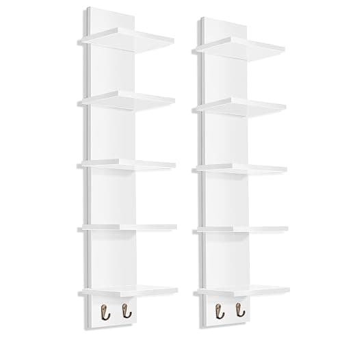 Sorbus 5-Tier Floating Wall Shelf with Hooks, 31 Inch (2 Pack, White) | Vertical five-level utility organization for kitchens, bedrooms and bathrooms; holds towels and mounted essentials. - Image 1