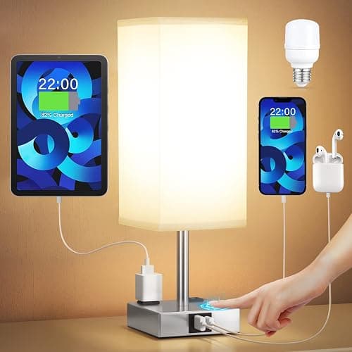 【Upgraded】Bedside Table Lamp Touch Control, with USB C+A Charging Ports & Dual AC Outlets, 3-Way Nightstand Lamp for Bedroom with LampShade Living Room Office(LED Dimmable Bulb Included) - Image 1