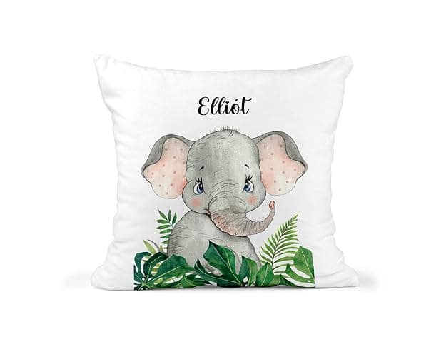 Custom Kids Jungle Cushion | Personalised Scatter Cushion | 100% Polyester Throw Pillow | Nursery Decor | New Baby Gift | 40cm x 40cm | Elephant, Giraffe, Tiger, Sloth, Zebra, or Hippo Design - Image 1