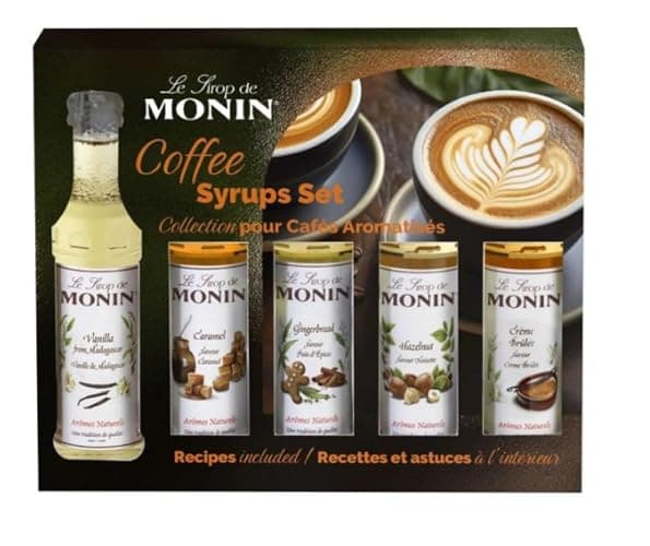 MONIN - Coffret Sirop MONIN - Saveurs Caramel/Vanille de Madagascar/Pain d'Epices/Noisette/Crème Brûlée- Pour Café, Chocolat Chaud, Capuccino ou Latte - Arômes Naturels - Bouteille en Verre - 5 x 5 cl - Image 1
