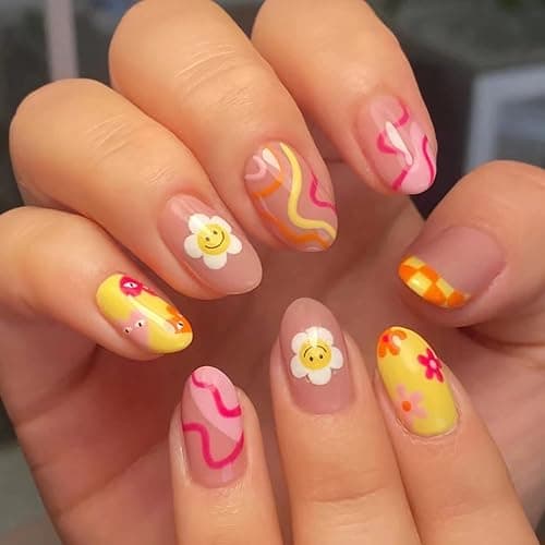 24 Pcs Flower Press on Nails Short, Almond French Tips Fake Nails Short Glue on Nails, Sun Flower False Nails with Glue Stickers, Cute Medium Length Acrylic Nail for Women - Image 1