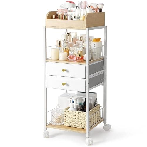 Makeup Organizer, Floor Skincare Organizers, Make Up Organizers and Storage with Drawers, Vanity Organizer Cosmetics Display Cases Holder for Skin Care Nail Polish Perfume Makeup brush Hair Tool - White - Image 1