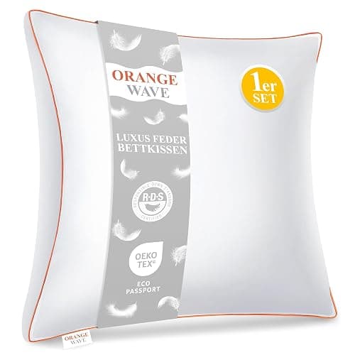 Orange Wave Daunenkissen 80x80cm Federkissen - Kopfkissen 80x80 1er Kissen Daunen und Federn Schlafkissen, RDS und Oeko-TEX Seitenschläferkissen für Maximale Unterstützung und Luxuriösen Schlafkomfort - Image 1