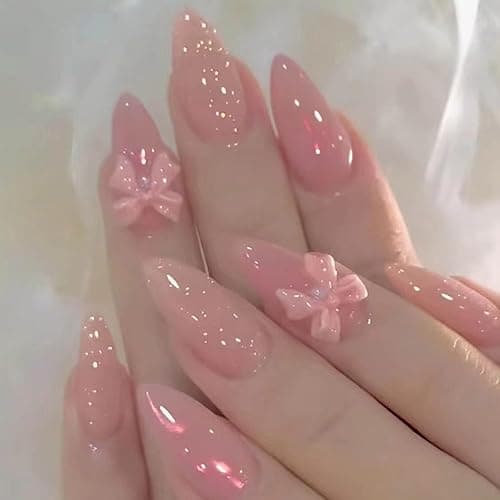 Hkanlre Pink Press on Nails Medium Bow Fake Nails Tips Full Cover Almond False Cute Nails for Women and Girls 24PCS - Image 1