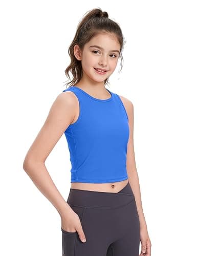 HASMES Girls Athletic Tank Tops Sleeveless Round Neck Basic Cute Dance Crop Tops for Kids 8-14Y - 12 Years - Blue - Image 1