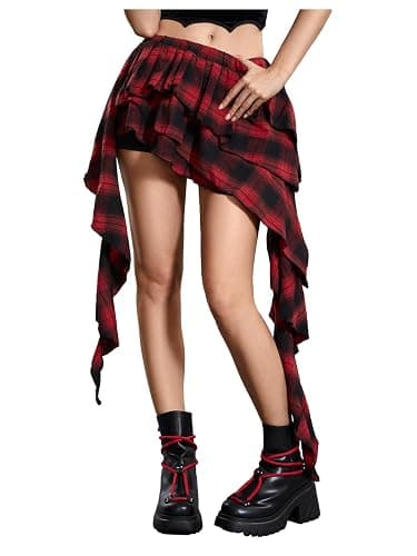 SOLY HUX Women's Plaid Ruffle Mini Skirt Y2k A Line Layered Asymmetrical Hem Skirts with Shorts Underneath - Image 1