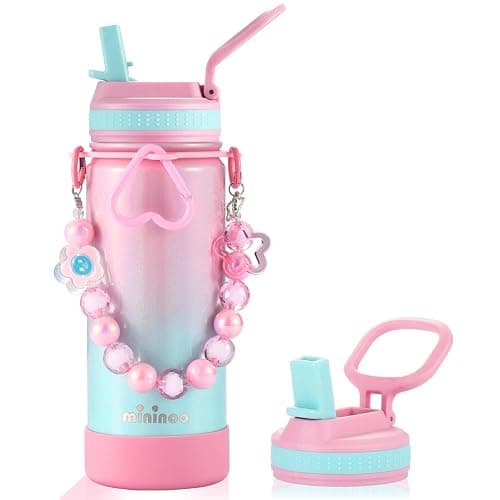 Mininoo Kids Water Bottle for School - 16 oz Stainless Steel Insulated Water Bottle with Ceramic-Lined, Leakproof Straw Lid & Beaded Handle for Girls & Boys - Image 1