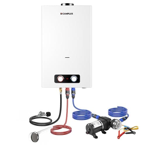 CAMPLUX Tankless Water Heater Outdoor, 4.22 GPM Propane Water Heater with 3.3 GPM Water Pump Kit & Pipe Strainer, for Off Grid, Cabins, 110,000 BTU, BD422P120 - 4.22 GPM | 110,000 BTU - with Pump Kit - Image 1
