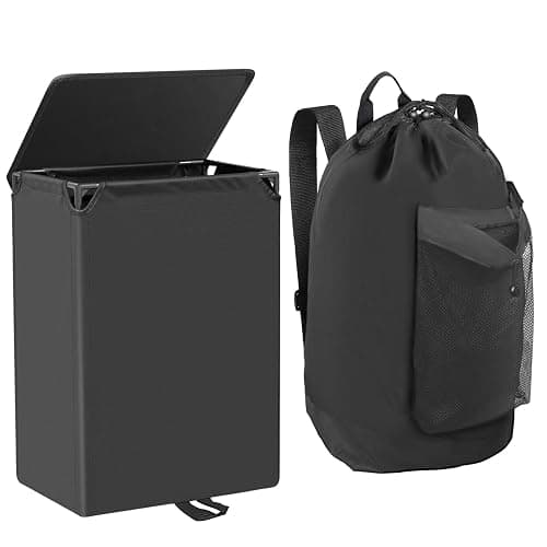 Foluck 60L 2-in-1 Laundry Hamper with Laundry Backpack, Waterproof Basket with Lid, Laundry Bag with Shoulder Straps and Mesh Pocket, Hamper for College Dorm, Travel, Apartment, Laundromat - 60L - Black - Image 1