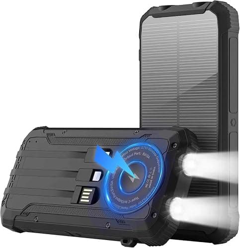 Solar Power Bank 20000mAh Wireless Portable Charger Built-in 3 Cables 15W USB-C Fast Charging Battery Pack Compatible with iPhone, Samsung, iPad, Emergency LED Flashlights Perfect for Camping, Hiking - Image 1