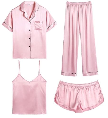 SWOMOG Womens Silk Satin Pajamas Sets 4pcs Sleepwear Sexy Cami Shorts Set and Button Down Short Sleeve Pjs Loungewear - Image 1