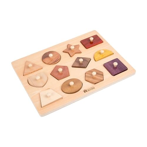 Adena Montessori Wooden Puzzles for Toddlers 1-2, 12 Piece Shape Peg Board with Knobs Educational Learning Toys for 1-2 Year Old Natural Wood Shape Sorter for Babies Durable Montessori Toys - Image 1