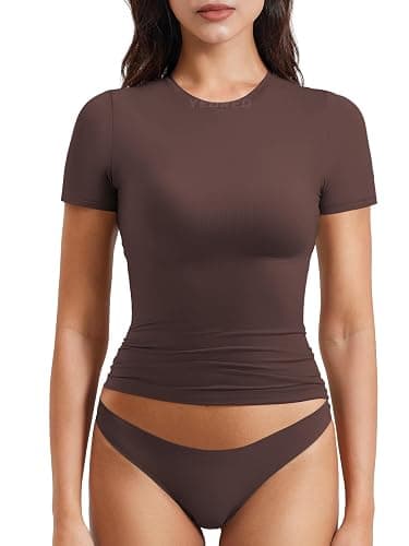 YEOREO Women Fitted Workout Tops Short Sleeve Double Lined Basic Y2K Going Out Crew Neck Compression Crop Top - Image 1