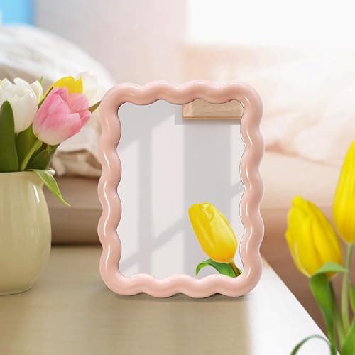Philbinden Cute Wave-Shaped Desk Vanity Makeup Mirror, Portable Folding Travel Makeup Mirror for Standing/Hanging, Home Decorations for Women Girls (1, Pink) - Image 1