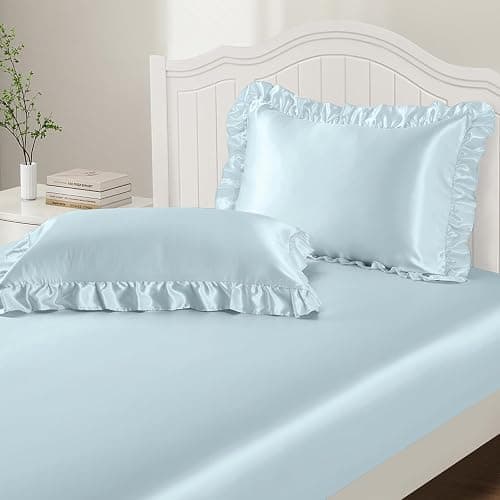 P Pothuiny 3-Piece Set Ruffle Satin Pillowcases & Full Fitted Sheet, Luxury Baby Blue Satin Fitted Sheet Silky Soft Cute Bedding Bedroom Dorm Decor, Wrinkle Free, 15 Inch Deep Pocket - Image 1