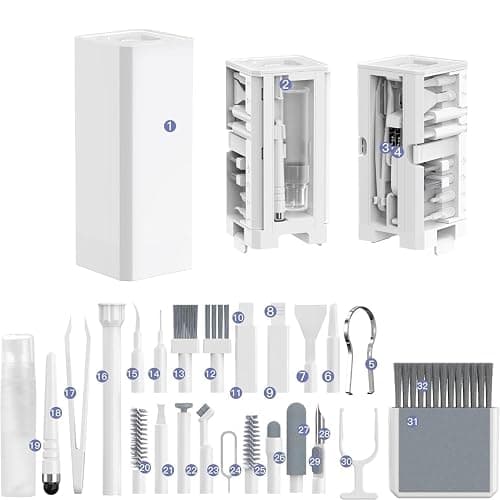 Ekoomar 32-in-1 Electronics Cleaning Kit - Keyboard, Phone, Computer & Laptop Cleaner Kit - Compatible for MacBook, AirPods & iPhone Charger Port Cleaning Tool - Tech Gadget Cleaner - White - Image 1