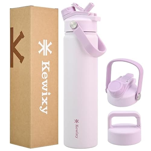 KEWIXY 24 oz Insulated Water Bottle, 2-in-1 Lid, Straw & Spout with Protected, Leak Proof, Keep Cold, Stainless Steel, Metal, Reusable, Handle, for Travel, Gym and School, 2 Lids, Pale Mauve - Image 1