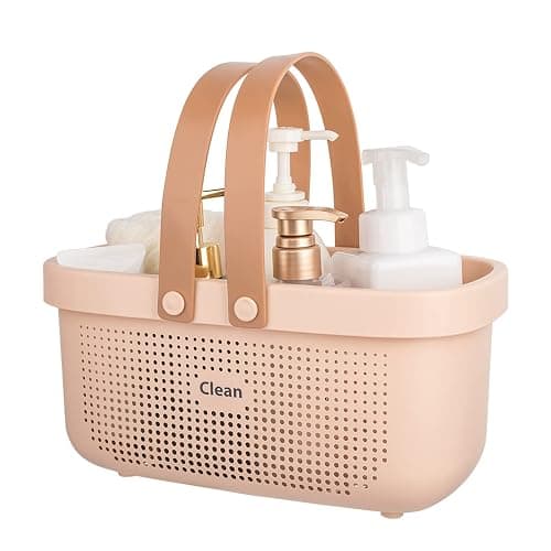 JiatuA Plastic Storage Basket with Handle Portable Shower Caddy Tote Organizer Basket Bin for Bathroom Kitchen Dorm Room Bedroom, Pink - Image 1