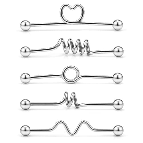 Ruifan 5PCS Industrial Barbell Earring Stainless Steel 14 Gauge Cartilage Earring Body Piercing 1 1/2 Inch(38mm)- Coil, Wave, Twister, Spiral,Heart - Image 1