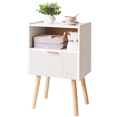 Aibiju Nightstand with Storage Drawer, Modern Bedside Table with Liner Drawer and Solid Wood Legs, Small End Table with 2-Tier Storage, White YD-TM061W - Image 1